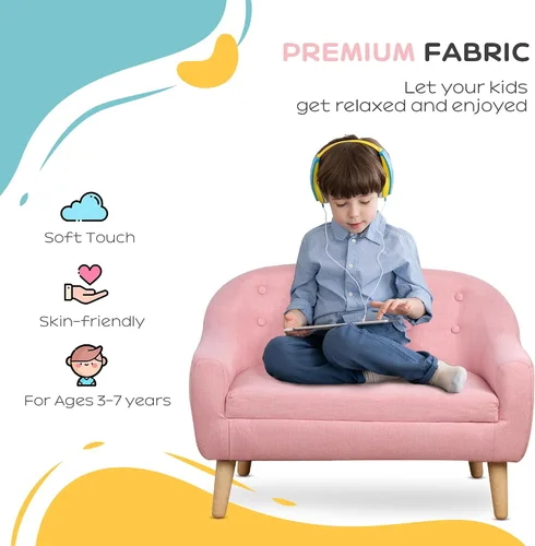 Miniatura 5 de Qaba Sofá para Niños de 2 Asientos, Sofá Sillón para Niños Pequeños, Tela Similar al Lino y Marco de Madera Silla Sofá para Edades 3-7, Asiento