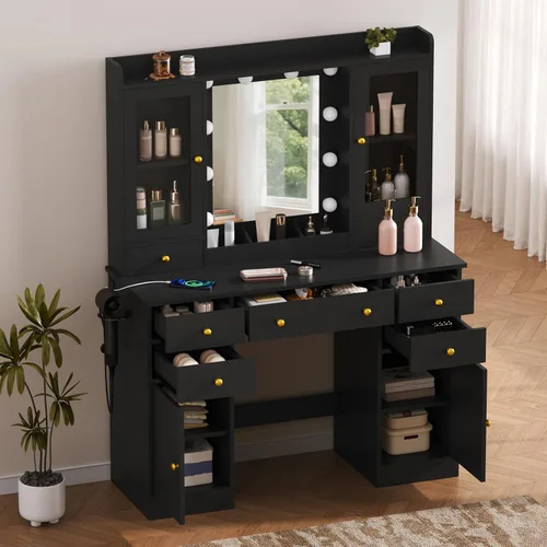 Miniatura 4 de HUANLEGO - Escritorio negro con espejo y luces para niñas y mujeres Makeup Vanity Mirror with Lights, LED RGB Lights Strip, Power Outlet, 7