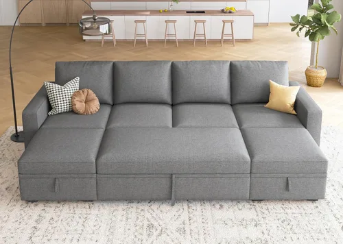 Miniatura 22 de HONBAY Sofá seccional modular con cama extraíble, sofá cama con forma de U extraíble con secciones de almacenamiento para sala de estar - Beige