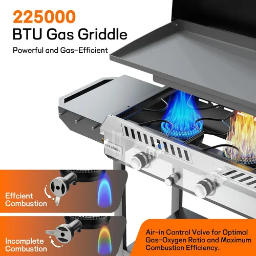 Miniatura 4 de Veralune - Estufa de propano de 3 quemadores con encendido automático 225,000 BTU Gas Griddle with Storage Shelf, Rolling Wheels, Portable Outdoor