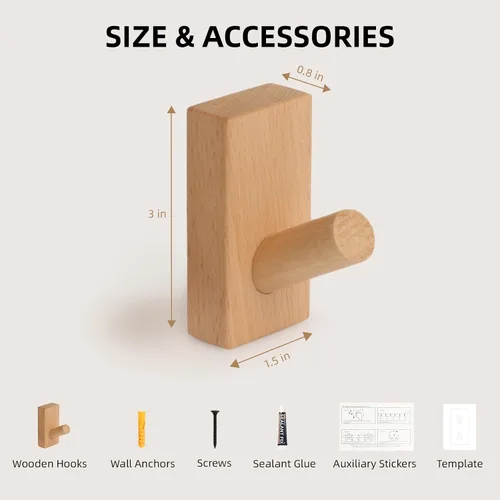 Miniatura 6 de Paquete de 4 ganchos de madera para pared, de madera natural, ahorro de espacio, sin daños, adhesivos para entrada, dormitorio, puerta de cocina