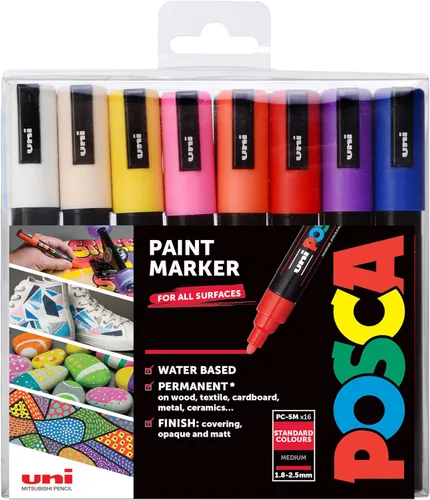 POSCA PC-5M Rotuladores permanentes a base de agua, punta media prémium para artes y manualidades, juego de 16 colores vibrantes