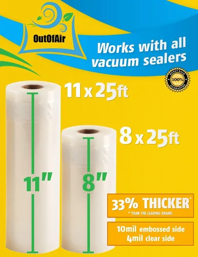 Miniatura 9 de Rollos selladores al vacío de 8 y 11 pulgadas y 25 pies (2 de cada uno, 100 pies en total) Las bolsas selladoras al vacío OutOfAir funcionan