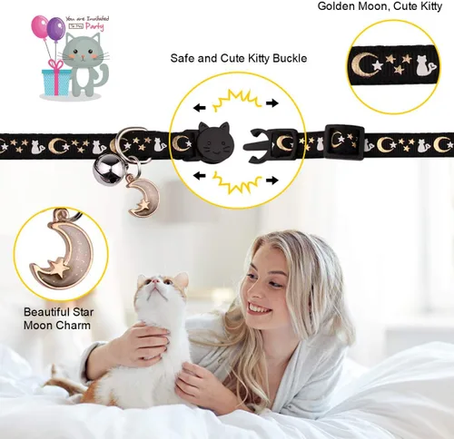 Miniatura 4 de 2 piezas de collares de gato separables con campana, lindos collares ajustables para gatitos que brillan en la oscuridad, 20-33 cm (morado y negro)