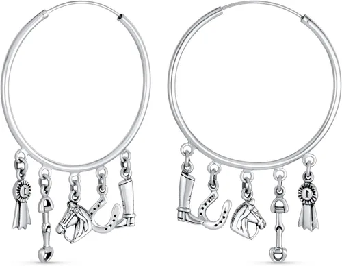 Western Jewelry Blue Ribbon Horse Riding Boot Horseshoe Dangle Multi Charms Cowgirl Equine Gift Equestrian Big Horse Hoop Earrings Bracelet Cuff