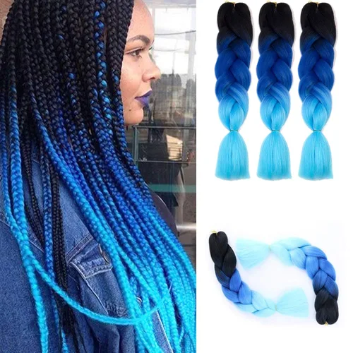 Ombre Kanekalon - Extensiones de cabello trenzado de 24 pulgadas, 3.53 onzas/pieza, extensiones de cabello sintético (negro-azul-azul claro), 3