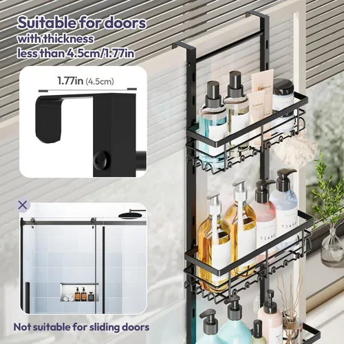 Miniatura 5 de SWTYMIKI Organizador de ducha para colgar sobre la puerta, organizador de ducha colgante de 4 niveles a prueba de óxido con estantes ajustables, 40