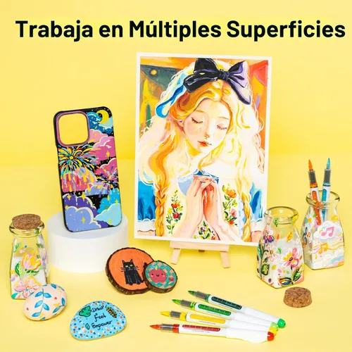 Miniatura 7 de Ohuhu Plumones de pintura acrílica con punta de pincel: Juego de 48 marcadores automáticos de control de tinta con alta opacidad, impermeables