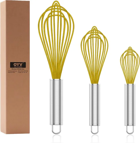 Miniatura 11 de OYV Batidor de silicona, paquete de 3 batidores profesionales para cocinar sin arañazos, acero inoxidable y silicona, batidor de goma de plástico