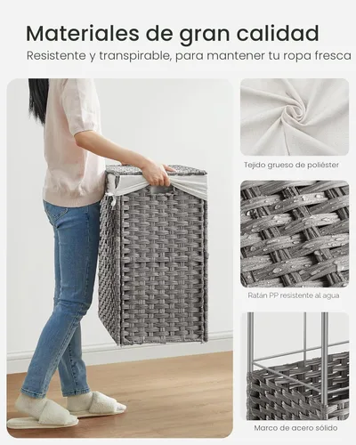 Miniatura 8 de SONGMICS Cesta de lavandería con tapa, 42.3 galones (160 L), cesta de lavandería con ruedas, ratán sintético de 3 secciones, forro extraíble, Gris