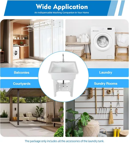 Miniatura 9 de Fregadero de lavandería de plástico independiente blanco con tabla de lavadero, fregadero de utilidad para interiores y exteriores con grifo de agua
