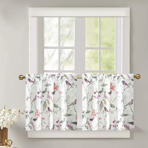 Miniatura 15 de Leeva - Cortinas pequeñas con estampado de pájaros, 24 pulgadas de largo, conjunto de paneles para ventanas, diseño de estampado de pájaros