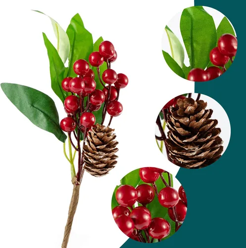 Miniatura 4 de Ramas grandes de pino de bayas rojas de 9 a 14 pulgadas, paquete de 16 ramas de pino surtidas, ramas de flores para corona de Navidad, decoración