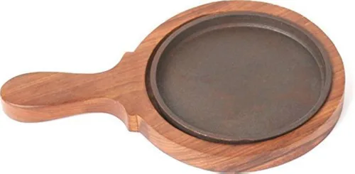 Sahishnu - Juego de platos para fajita en línea y marketing, plato redondo chisporroteante para brownie/bandeja con base de madera y mango redondo