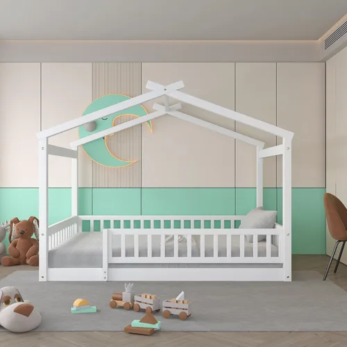 Miniatura 14 de RUNNA Marco de cama de madera de tamaño matrimonial con valla, para niños, adolescentes, niñas, niños, (Natural-Thinck 4col)