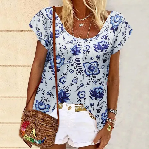 Miniatura 2 de Women Shirts Casual Short Sleeve Tops Women Fashion Geometric Print Round Neck Short Sleeve Short Shirts for Women