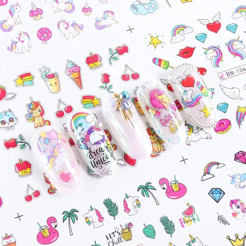 Miniatura 4 de Calcomanías de uñas de unicornio, calcomanías de transferencia de agua, calcomanías de uñas de corazón, unicornio, arcoíris, dona, diseño de uñas