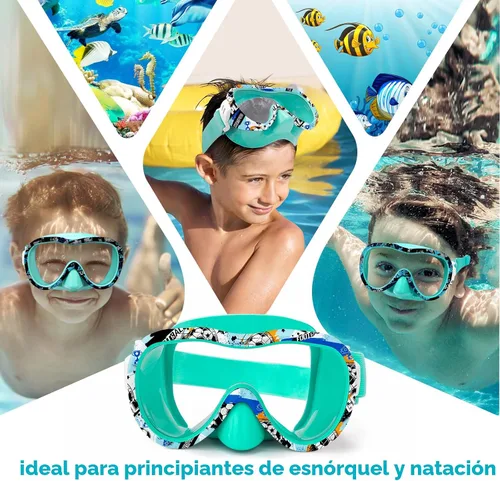 Miniatura 3 de Gafas de natación para niños con cubierta para la nariz, máscara de esnórquel panorámica de 180° con diseño antivaho y antifugas, correa de tela