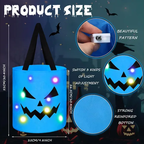 Miniatura 2 de Yaomiao 4 cubos de Halloween para trucos o golosinas para niños, bolsas de dulces de calabaza con luces LED, cestas de regalo reutilizables para Azul