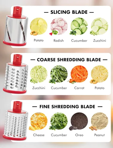 Miniatura 3 de Rallador de queso giratorio GDL con manivela manual con 5 cuchillas intercambiables - Rallador de queso mejorado con base de succión fuerte para Rojo