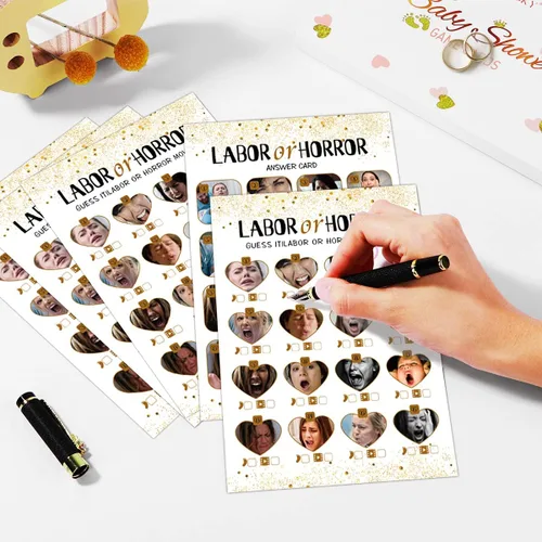 Miniatura 4 de Juego de baby shower de trabajo u terror, 31 tarjetas (incluyendo respuestas), fiesta de revelación de género, para mamá, papá, niños, mujeres