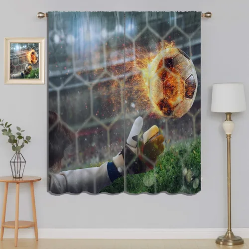 Miniatura 15 de Cortinas opacas de fútbol para niños y niñas, decoración de oscurecimiento de habitación, defensor en deslizamiento, intentos de detener una bola