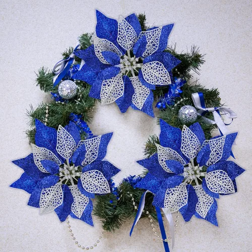 Miniatura 6 de Juego de 14 flores de Pascua de 8.7 pulgadas de ancho, 4 capas de flores de pascua con purpurina azul para árbol de Navidad, coronas, guirnaldas