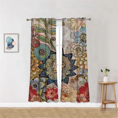 Miniatura 4 de Koudi Cortinas opacas con diseño de pájaros y flores, cortinas de oscurecimiento con ojales, paneles de cortina con aislamiento térmico