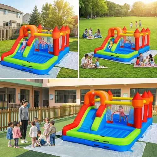 Miniatura 9 de Casa de rebote para niños con tobogán, casa inflable fácil de desinflar para niños pequeños, castillo de salto inflable al aire libre con soplador