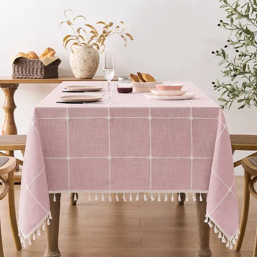 Miniatura 42 de ZeeMart - Mantel de mesa con diseño de cuadrícula boho y borlas (blanco roto, 132 cm x 132 cm), mantel de gran peso de lino a cuadros bordado