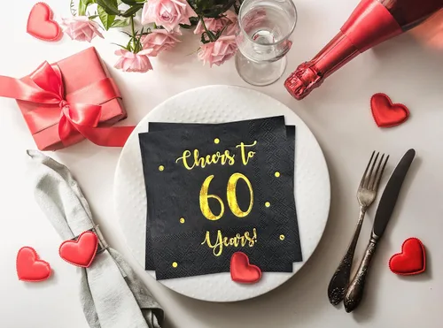 Miniatura 3 de Servilletas de cóctel de Cheers to 60 años, decoraciones de feliz cumpleaños 60 para hombres y mujeres, decoraciones de fiesta de aniversario