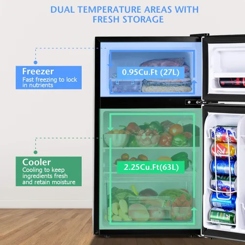Miniatura 4 de COSTWAY Mini refrigerador con congelador, 3.2 pies cúbicos, mini congelador enfriador refrigerador de 2 puertas con puerta reversible, estantes