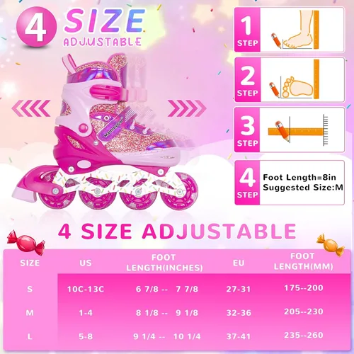 Miniatura 5 de Mammygol Patines en línea para niñas y niños, 4 tamaños ajustables para niñas de 3 a 12 años con ruedas iluminadas y protección de seguridad, regalo