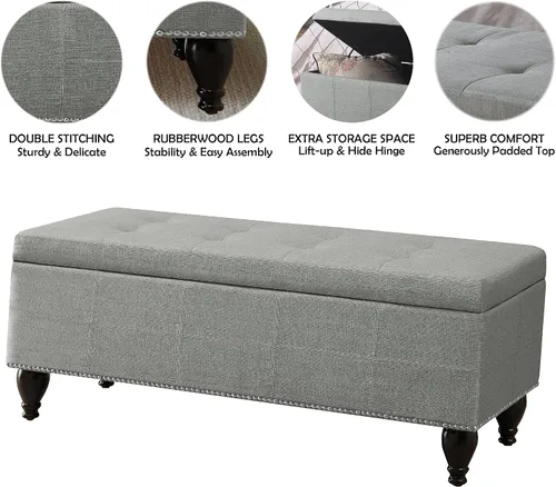 Miniatura 5 de Rosevera Berta - Parte superior tapizada de poliéster con cabeza de clavo rectangular para sala de estar, reposapiés, dormitorio, entrada, banco