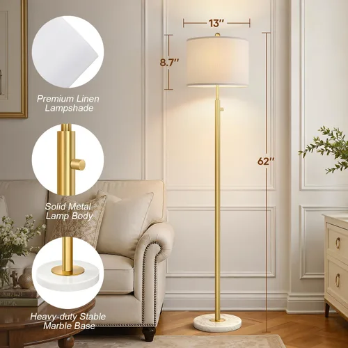 Miniatura 4 de 【Actualizado】Lámparas de pie doradas regulables para sala de estar, bombilla LED de 11 W incluida, lámpara de pie moderna con base de mármol, luz