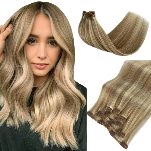 Miniatura 13 de Extensiones de cabello humano con pinzas, 12 pulgadas, extensiones de cabello humano real con pinzas, 2.47 onzas, 5 unidades, color marrón dorado a