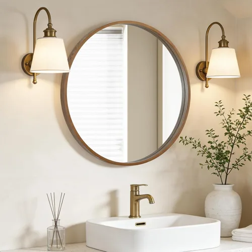 Miniatura 2 de WallBeyond Espejo redondo de madera con marco de madera, espejo de pared circular de 24 pulgadas para baño, espejo de pared redondo para decoración