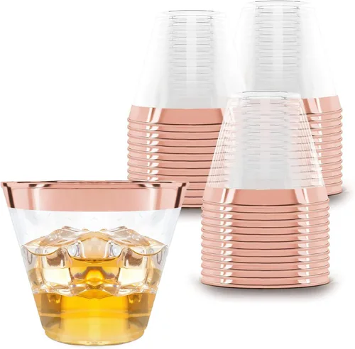 Miniatura 7 de Prestee Paquete de 100 vasos de plástico desechables con borde dorado de 9 onzas para embutidos, bodas, fiestas y eventos, elegantes tazas de cóctel