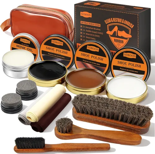 Kit de cuidado de zapatos de 13 piezas para hombres y mujeres, 3 cepillos de crin para pulir zapatos, aceite de visón negro, marrón y neutro para