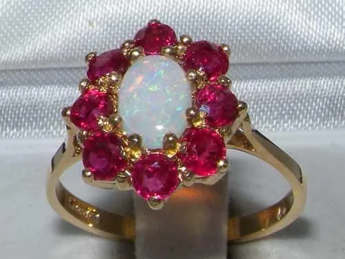 Miniatura 2 de Anillo de oro amarillo de 14 quilates con ópalo auténtico y rubí para mujer
