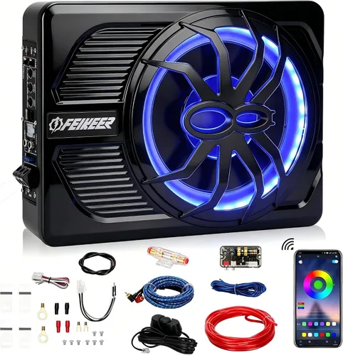 Feikeer Subwoofer de 10" 800W Bajo Asiento para Coche, Subwoofers Bluetooth para Autos con Luz Ambiental Multicolor LED, Audio Portátil Ahorra