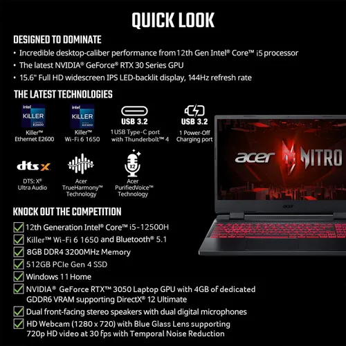 Miniatura 6 de Acer Nitro 5 AN515-58-525P Laptop para juegos Intel Core i5-12500H GPU NVIDIA GeForce RTX 3050 Laptop Pantalla IPS FHD de 15.6 pulgadas 144Hz