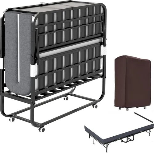 Miniatura 8 de Cama plegable de 75 x 31 pulgadas con colchón para adultos, cama enrollable portátil con ruedas, cabecero y bolsillo, colchón de espuma