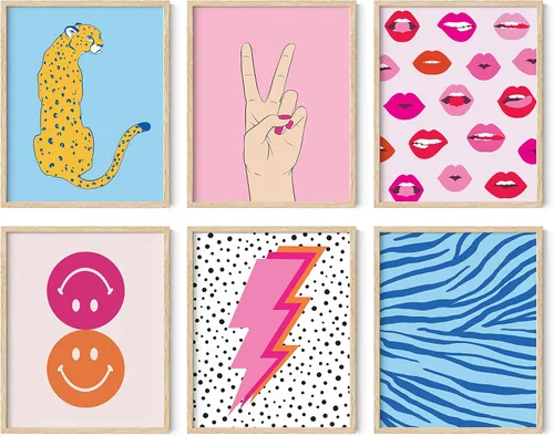 HAUS AND HUES Imágenes de preppy para pared, juego de 6 pinturas coloridas de collage preppy, decoración de dormitorio rosa, estética rosa Galería