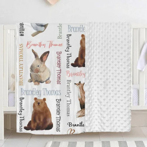 Miniatura 4 de Manta de bebé personalizada con nombre, manta de felpa de doble capa con respaldo punteado, manta de bebé niño recién nacido, suave animales