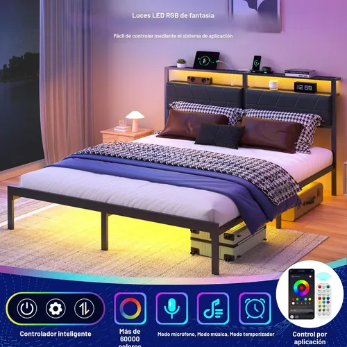 Miniatura 4 de J.Fkne - Marco de cama Queen con luces LED y estación de carga, marco de cama estilo plataforma metálica con cabecera de almacenamiento de 2