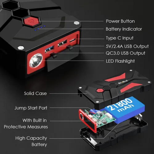 Miniatura 7 de Arrancador de batería para automóvil 12V, 6000A pico 21800mAh, paquete de refuerzo de batería automática con carga rápida USB 3.0, caja de salto