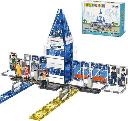 AFUNX - Azulejos magnéticos, set de 54 piezas con tema de aeropuerto, bloques de construcción magnéticos y juguetes educativos STEM para niños y