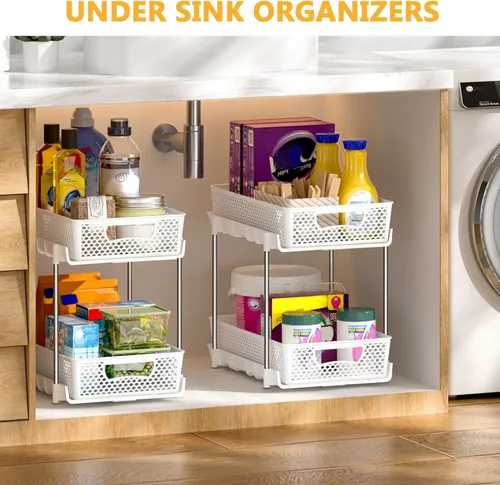 Miniatura 7 de DABIGE Paquete de 2 organizadores de baño extraíbles y almacenamiento, organizador de almacenamiento apilable de 2 niveles para baño, gabinete