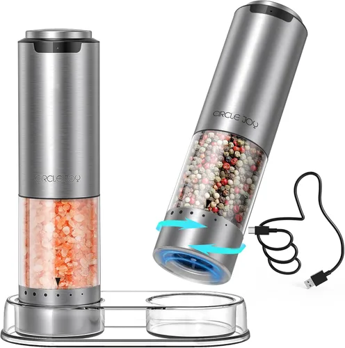 CIRCLE JOY Juego de molinillo de sal y pimienta eléctrico recargable con base, molinillos de pimienta de acero inoxidable con contenedor de 95ml,